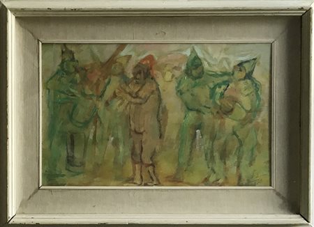Firma indecifrata "Pagliacci" 1973. Olio su compensato (cm 29x46) firmato e...