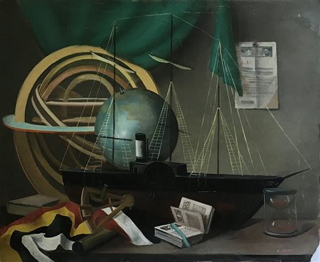 Gajoni Adriano (Milano 1913 - 1965)“Interno con veliero e astrolabio” olio su...