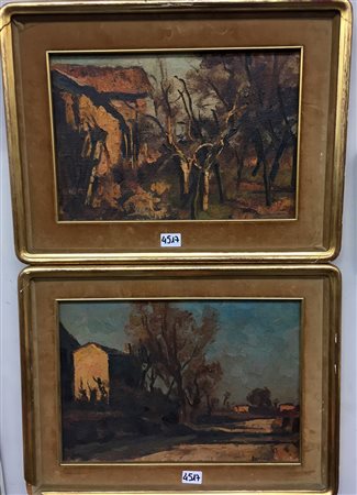 Bertocchi Nino (Bololgna 1900 - Monzuno 1956)Paesaggi con piante e casolai,...
