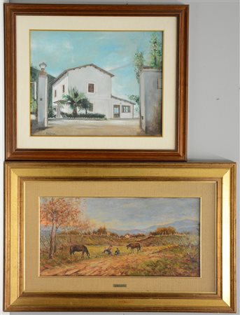 Lotto di due dipinti ad olio raffiguranti paesaggio con cavalli e case....