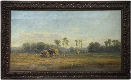 Scuola del secolo XIX "Scorcio di campagna con contadini" olio su tela (cm...