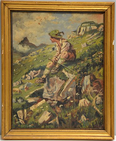 Ignoto, "Il riposo dell'escursionista" olio su cartone (cm 50x40) in cornice...