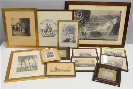 Lotto composto da tredici tra stampe, litografie e incisioni di soggetti,...