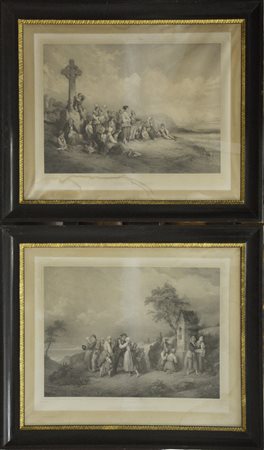 Coppia di incisioni francesi del secolo XIX raffiguranti scene di vita...