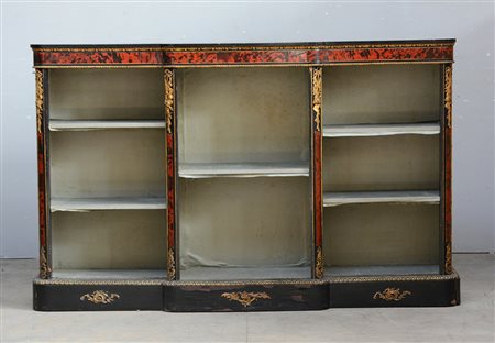 Libreria bassa a giorno in legno ebanizzato, fascia superiore e montanti...