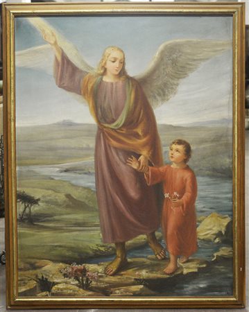 Ignoto di inizio secolo XX, "L'angelo custode" olio su tela (cm 150x115) in...
