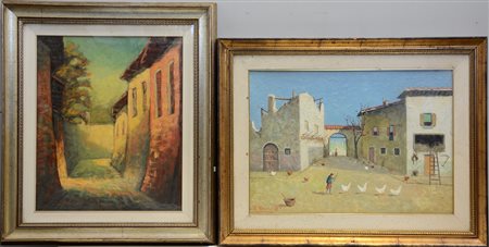 Lotto composto da tre dipinti raffiguranti scorci, autori e misure diverse....