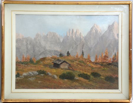 Gellio Repetto (Genova 1913 - Genova 1994)"Paesaggio con baita" olio su...