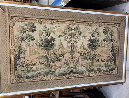 Coppia di tessuti ad arazzo raffiguranti paesaggi con alberi e uccelli (cm...