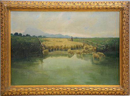 ignoto "Pastore con gregge" olio su tela (cm 55x80) in cornice (difetti)