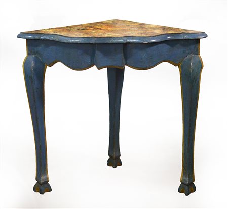 Console ad angolo in legno laccato azzurro, piano, fascia e gambe sagomate,...