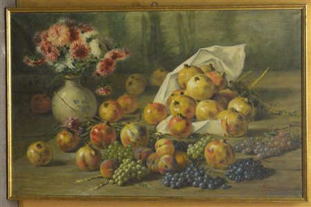 Ruggero Meneghini "Fiori un un vaso e frutta" olio su tela (cm 70x110)...