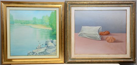 Firma indecifrata, lotto di due dipinti ad olio raffiguranti laghetto e...