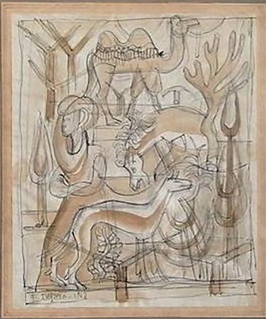 Fortunato Depero Figure e animali allo zoo di New York matita e china su...
