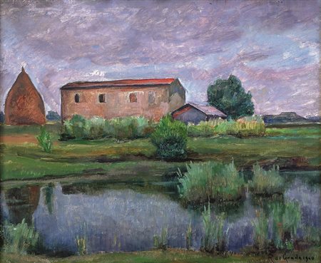 Raffaele De Grada Campagna olio su tela del 1946 50x60 autentica sul retro