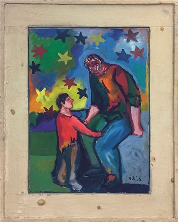 Sandro Chia Conversazione filosofica olio su tela con cornice d'artista del...