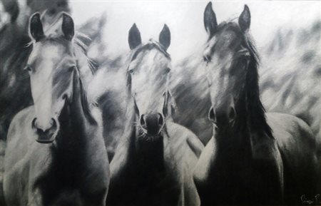 PATRICK PIOPPI 52 HORSES, 2017 olio su pannello cm 95x140