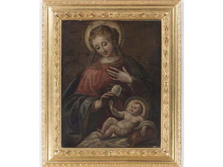 Anonimo Maestro del XVII secolo Madonna con bambino 67,5x52,5 cm Olio su tela