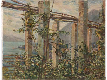 Anonimo Anonimo (XX secolo) Limonaia sul lago di Garda 42x54 cm Olio su tela