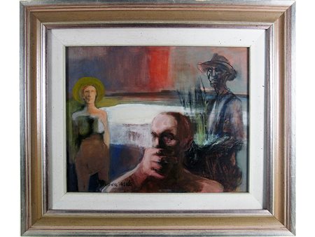 Giuseppe Motti Giuseppe Motti (1908–1988) Contadini del fiume 40x50 cm Olio...