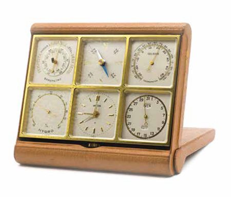 OROLOGIO MULTIFUNZIONE DA SCRIVANIA ANGELUS in ottone dorato composto da sei...