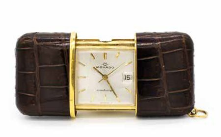 OROLOGIO DA VIAGGIO MOVADO ERMETOSCOPE in ottone dorato, quadrante con indici...