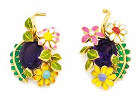 ORECCHINI in oro giallo con ametiste e smalti, gr. 17