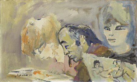 Mino Maccari, Siena 1898 - Roma 1989, Autoritatto con figure, Olio su cartone...