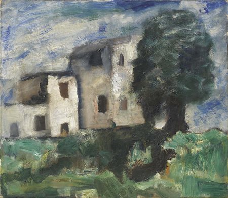 Mario Sironi, Sassari 1885 - Milano 1961, Case e albero, 1928, Olio su tela,...