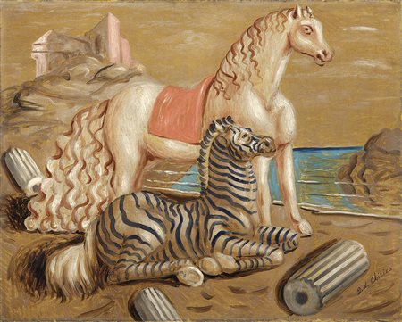 Giorgio de Chirico, Volos 1888 - Roma 1978, Cavallo e zebra in riva al mare,...