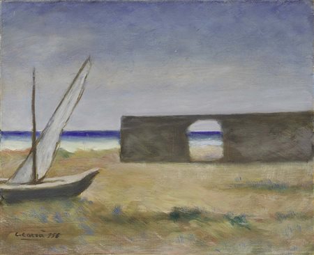 Carlo Carrà, Quargnento (Al) 1881 - Milano 1966, Arco sul mare, 1956, Olio su...