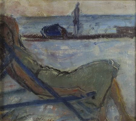 Arturo Checchi (Fucecchio, 1886 - Perugia, 1971) Donna sulla sdraio Olio su...
