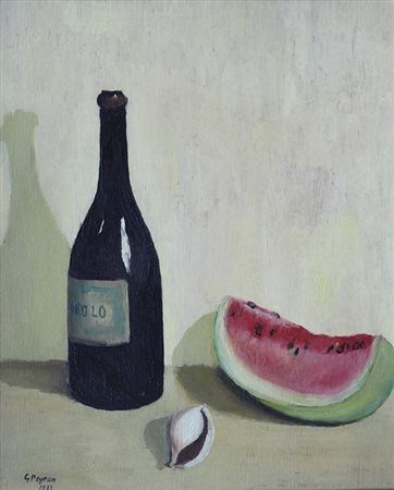 Guido Peyron (Firenze, 1898 - 1960) Bottiglia con anguria e conchiglia, 1937...