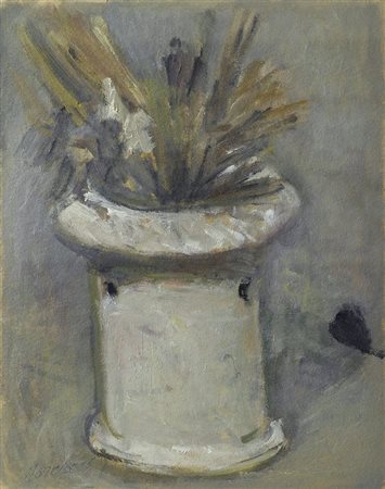 Mario Marcucci (Viareggio, 1910 - 1992) Vasetto bianco con fiori secchi Olio...