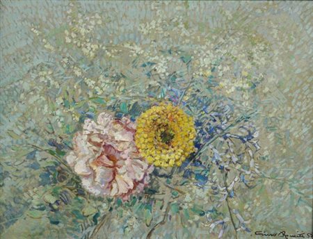 Gino Romiti (Livorno, 1881 - 1967) Fiori, 1955 Olio su masonite, cm. 39,5x40...