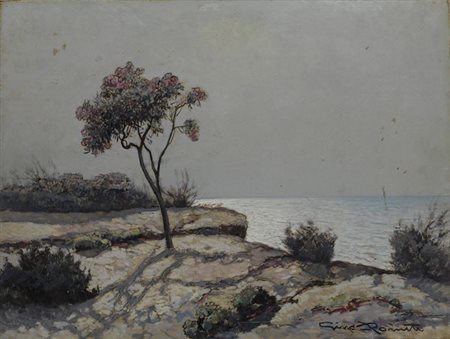 Gino Romiti (Livorno, 1881 - 1967) Riflessi sul mare Olio su masonite, cm....