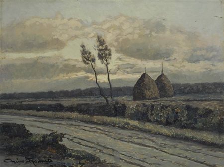 Gino Romiti (Livorno, 1881 - 1967) Paesaggio con alberi e pagliai Olio su...