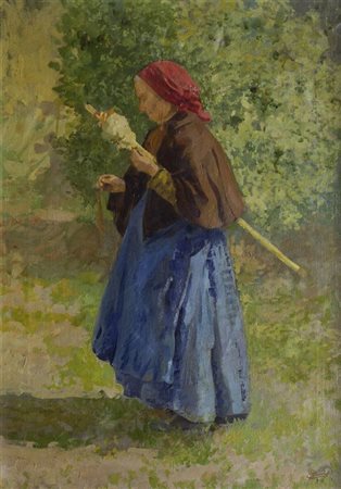 Carlo Passigli (Firenze, 1881 - 1953) Donna che fila Olio su tela, cm. 91x65...