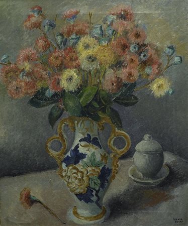 Silvio Pucci (Pistoia, 1892 - Firenze, 1961) Fiori nel vaso decorato Olio su...