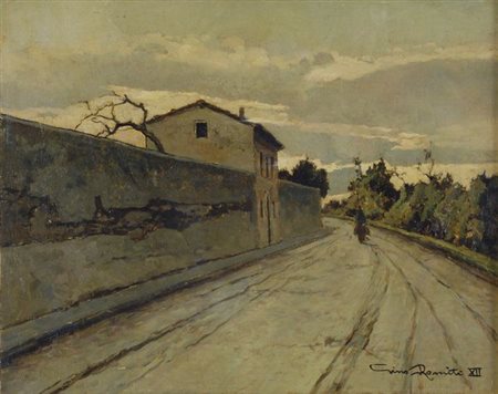 Gino Romiti (Livorno, 1881 - 1967) Strada, 1934 Olio su legno, cm. 27x34,5...