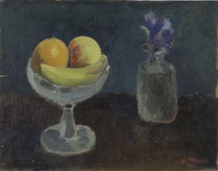 Giovanni March (Tunisi, 1894 - Livorno, 1974) Fruttiera e vasetto con fiori,...