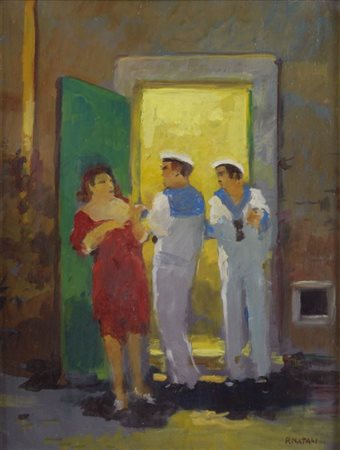 Renato Natali (Livorno, 1883 - 1979) Marinai Olio su compensato, cm. 43x33...