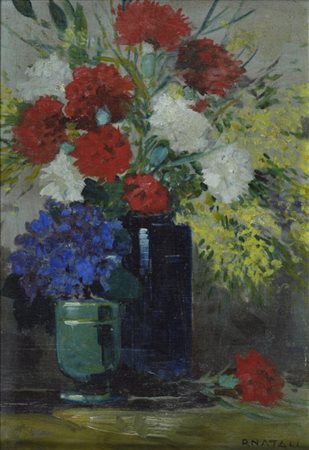 Renato Natali (Livorno, 1883 - 1979) Fiori Olio su tavola, cm. 42,5x29 Firma...