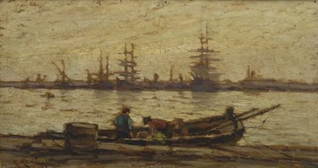 Renuccio Renucci (Livorno, 1880 - 1947) Barche e pescatori nel porto Olio su...