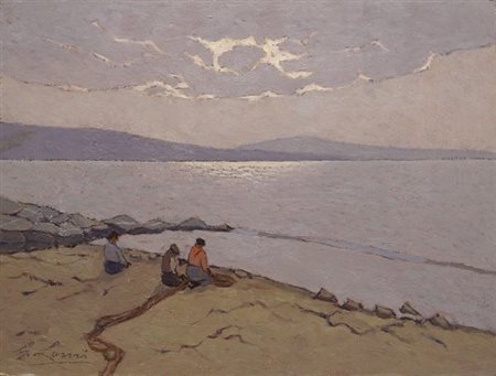 Giovanni Lomi (Livorno, 1889 - 1969) Riparatori di reti Olio su masonite, cm....