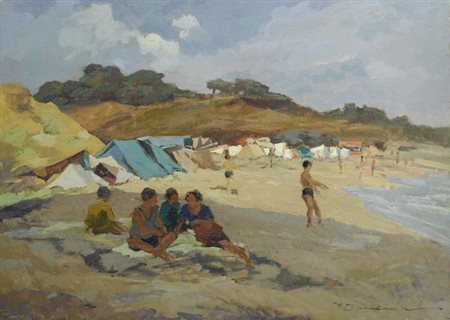 Carlo Domenici (Livorno, 1898 - 1981) Sulla spiaggia Olio su compensato, cm....
