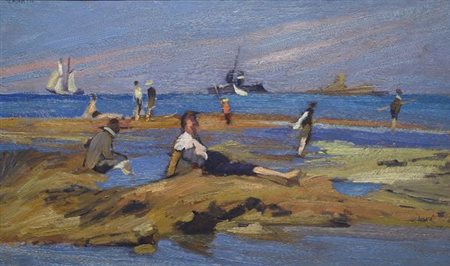 Giovanni March (Tunisi, 1894 - Livorno, 1974) Figure sugli scogli Olio su...
