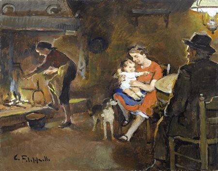Cafiero Filippelli (Livorno, 1889 - 1973) Maternità in un interno Olio su...