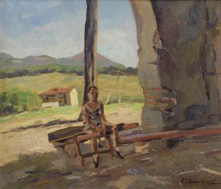 Carlo Domenici (Livorno, 1898 - 1981) Bambino seduto Olio su compensato, cm....