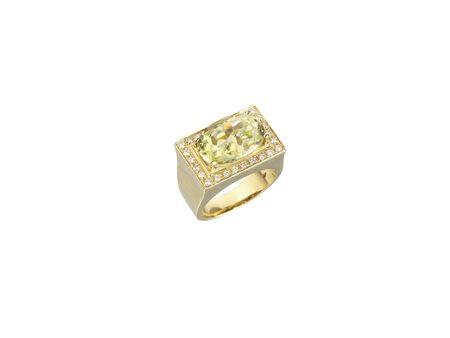 ANELLO IN ORO GIALLO, QUARZO LEMON E DIAMANTI montatura geometrica con...